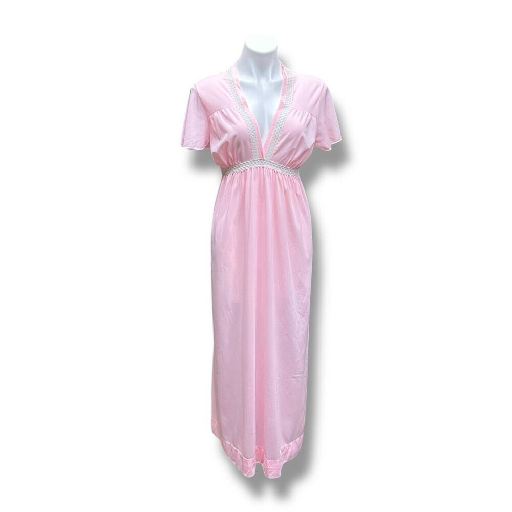 Vintage Rutledge Nightgown Pink Deep V Maxi Coquette Flutter Sleeves Womens Sz L - Picture 8 of 13